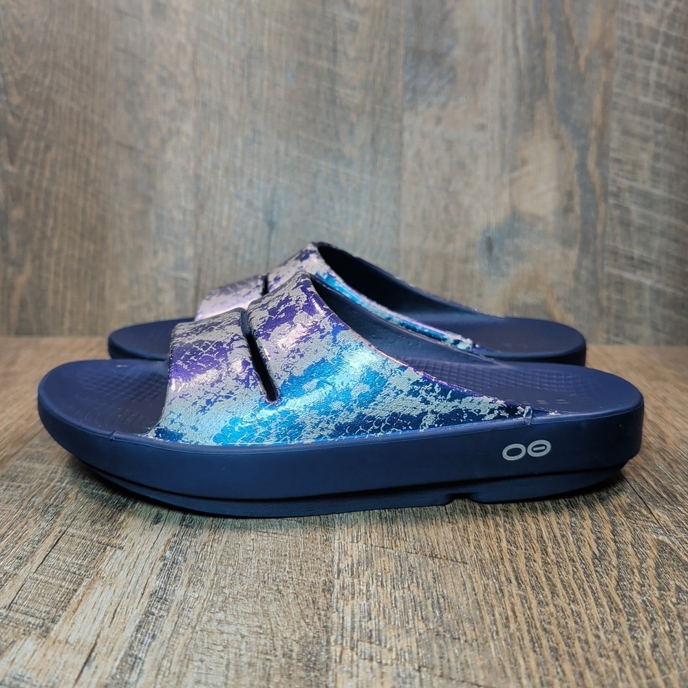 OOFOS OOAHH BLUE METALLIC SNAKESKIN LUXE SLIDES SANDALS WOMEN'S SIZE 8 MENS 6 - Picture 6 of 13